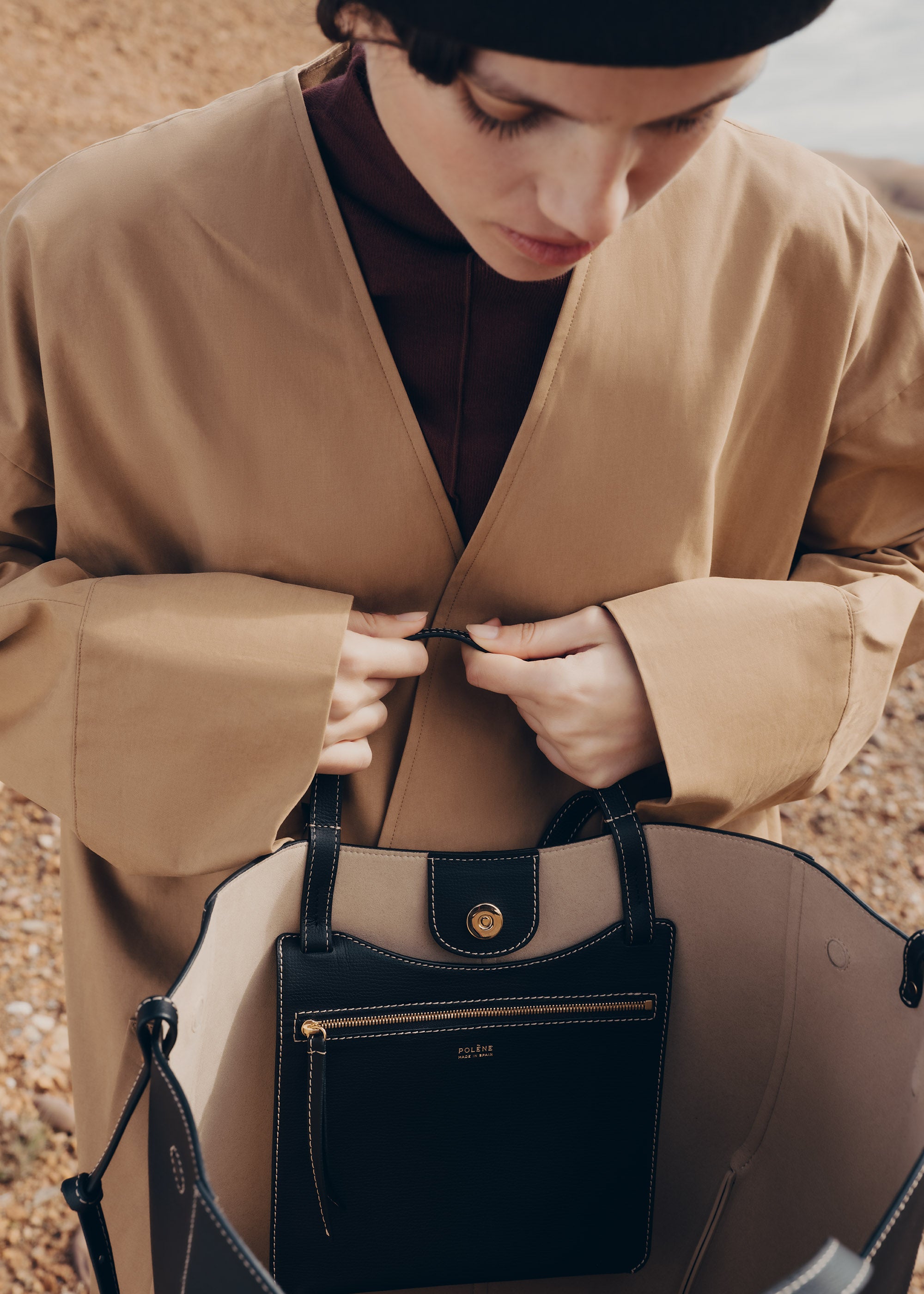 Polène | バッグ - Cyme Tote - ブラック テクスチャード エクリュ